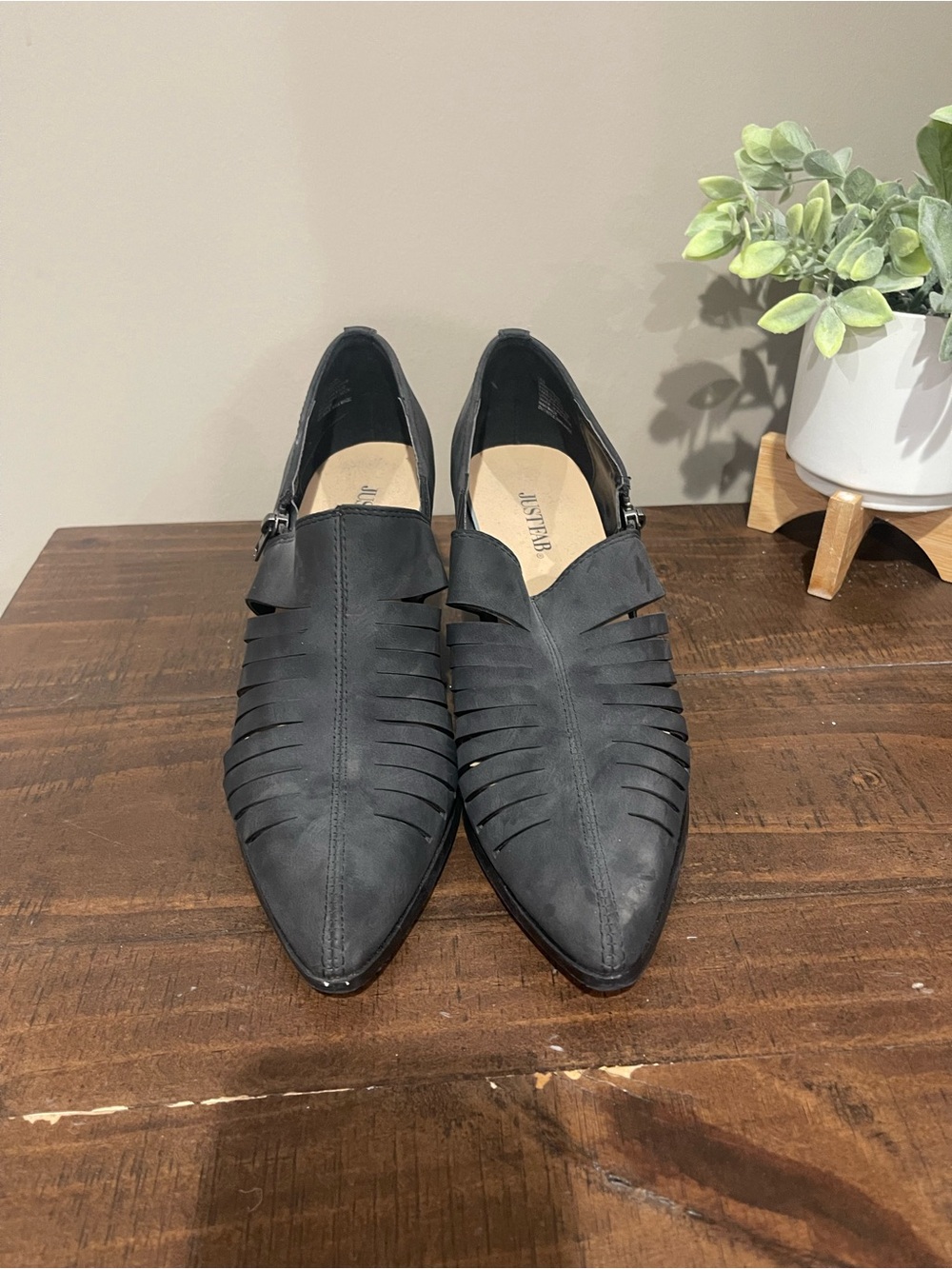 JustFab Black Pointed Slip-On Loafers with Cutout Straps